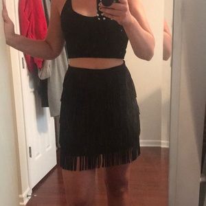 Suede Black Fringe Skirt - Size Small